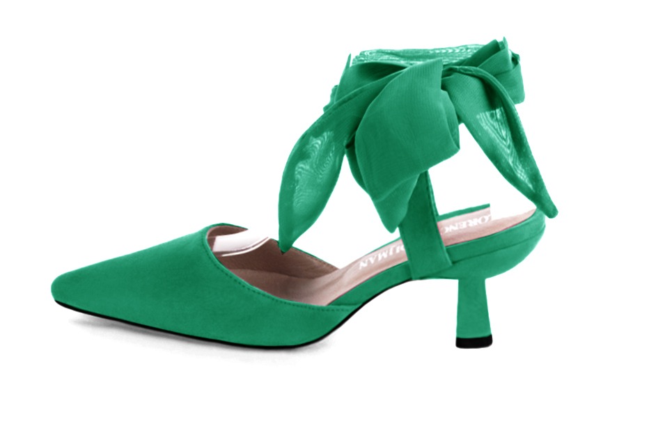 Emerald green women's open back shoes, with an ankle scarf. Tapered toe. Medium spool heels. Profile view - Florence KOOIJMAN